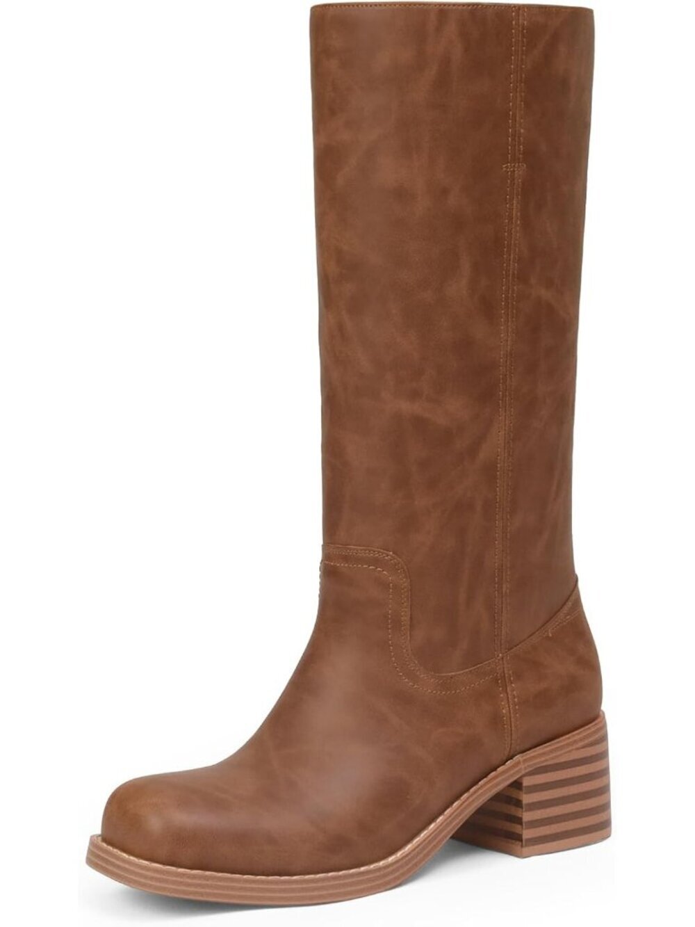 Women's  Light Brown Mid Calf Chunky Block Low Heel Square Toe Comfortable Boots